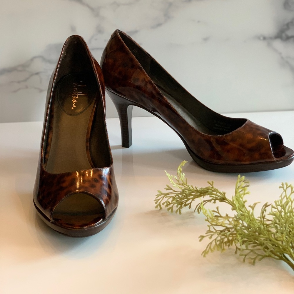 Cole Haan Patent Leather Tortoise Pumps with open toe